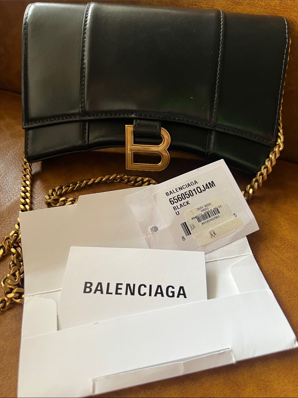 BALENCIAGA Hourglass Crossbody /Antique Gold Chain In Black Calfskin Leather NWT - Picture 13 of 16